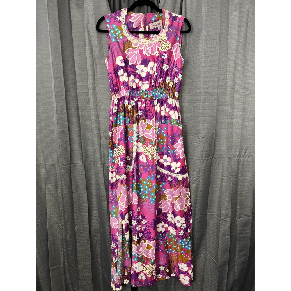 VTG Evelyn Pearson Maxi Lounge House Dress Womens M Pink Floral Pocket 70s Retro